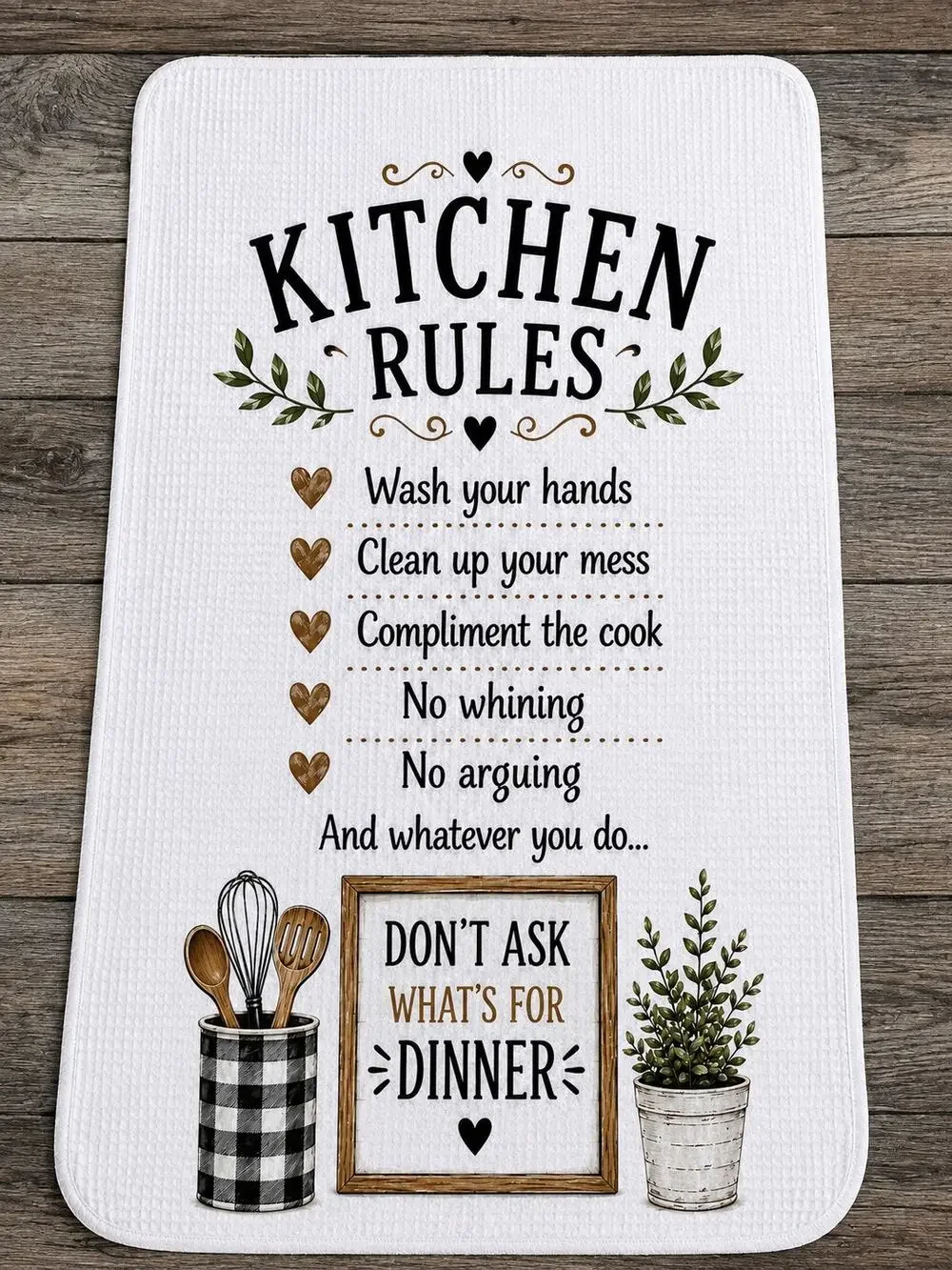 Funny Kitchen Rules Towel Don't Ask What's for Dinner Farmhouse Decor